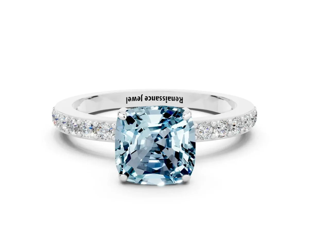 Cushion Cut Aquamarine Pavé Engagement Ring with Round Accents and Prong Setting Platinum