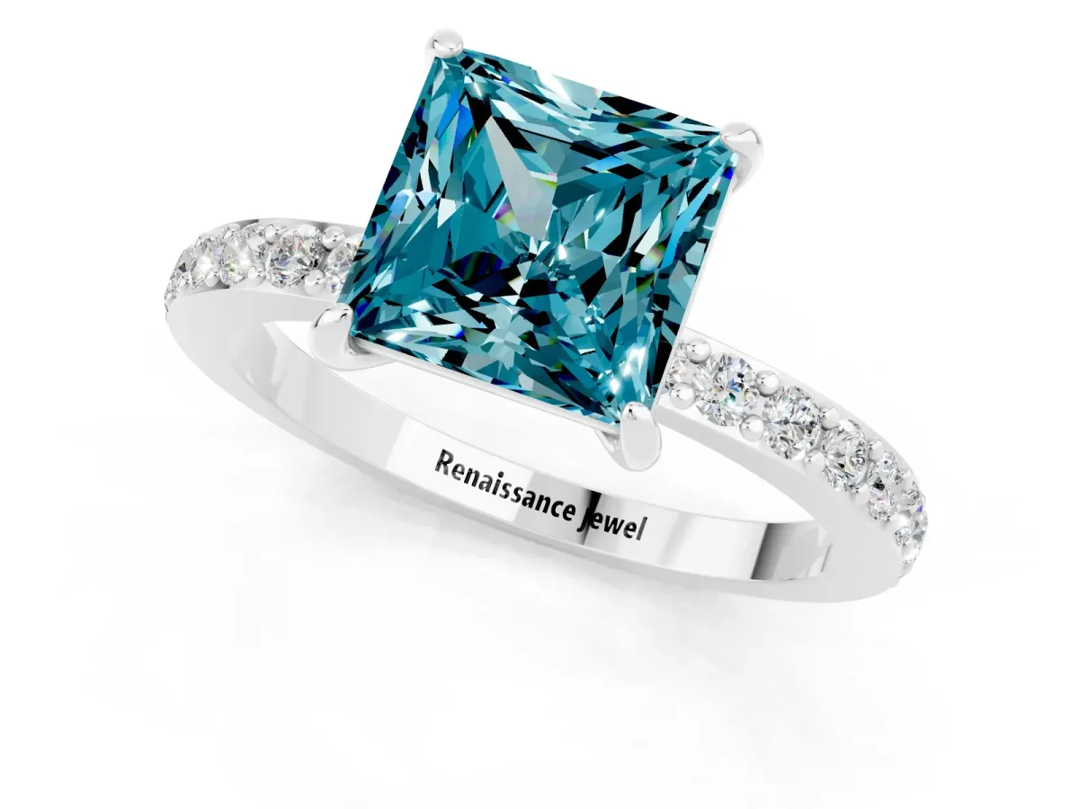 Princess Cut Blue Topaz Solitaire Engagement Ring with Pavé Band and Four-Prong Setting White gold