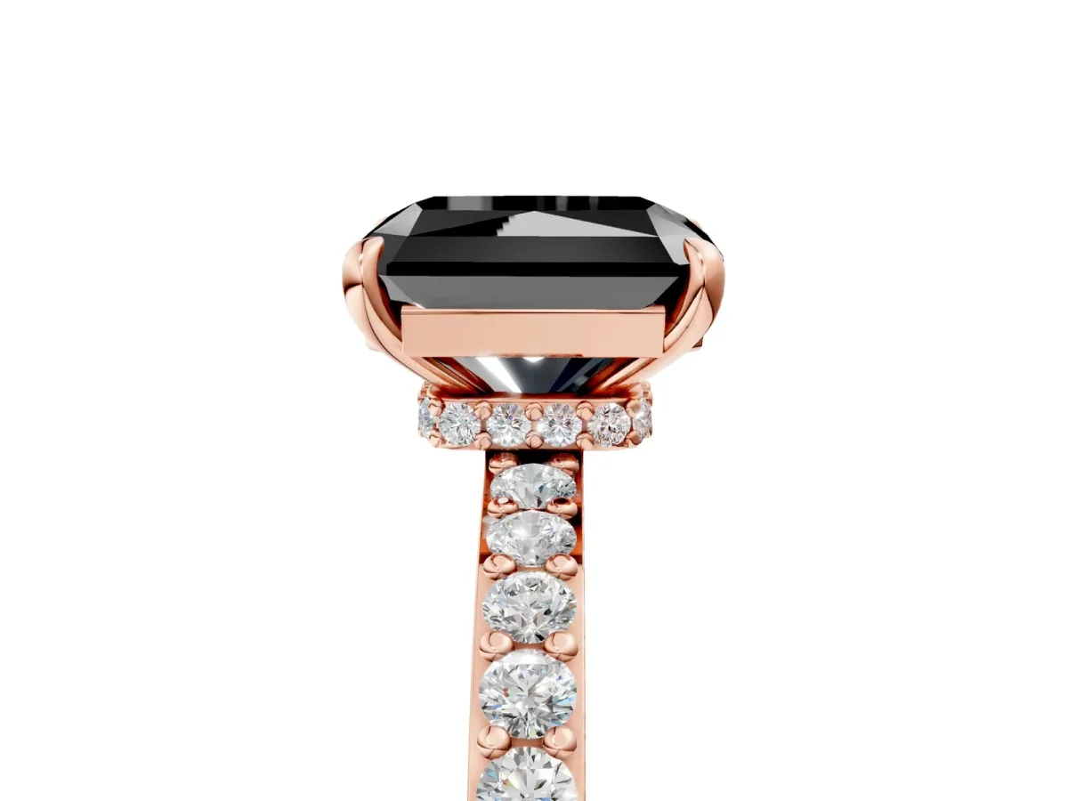 Fancy Black Radiant Cut Diamond Solitaire Engagement Ring with Pavé Band and Four-Prong Setting Rose gold