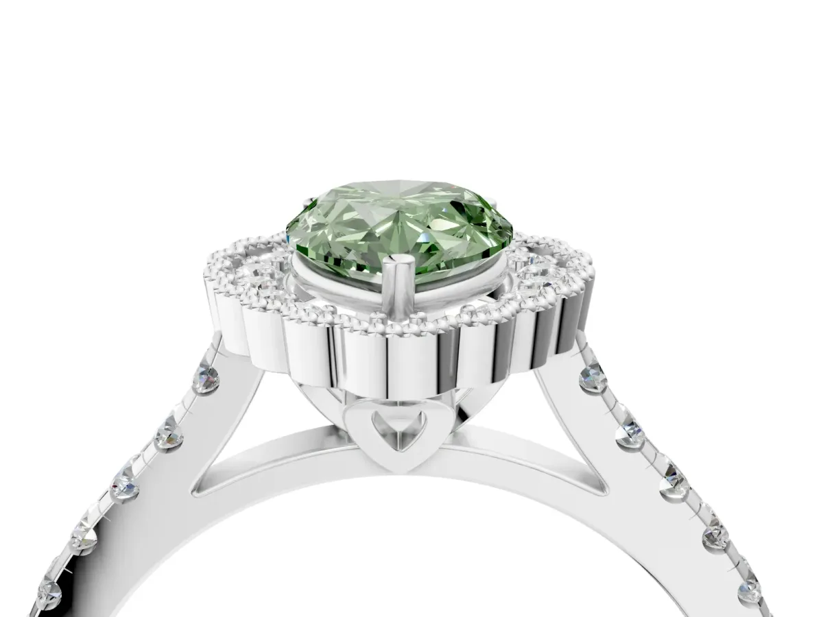 Fancy Green Pear Cut Cut Diamond Milgrain Floral Halo Engagement Ring with Pavé Band Silver