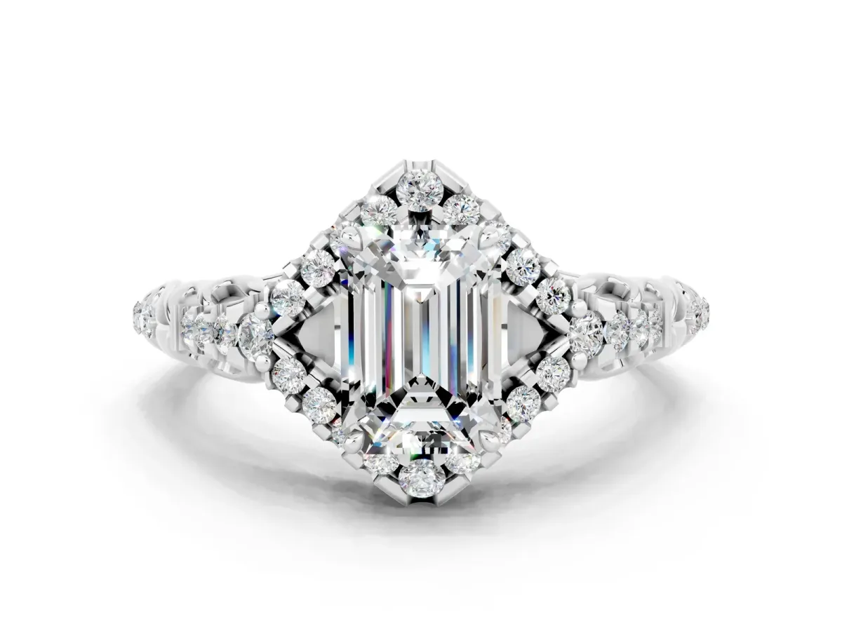 Emerald Cut Moissanite Solitaire Ring with Hidden Halo and Pavé Band White gold