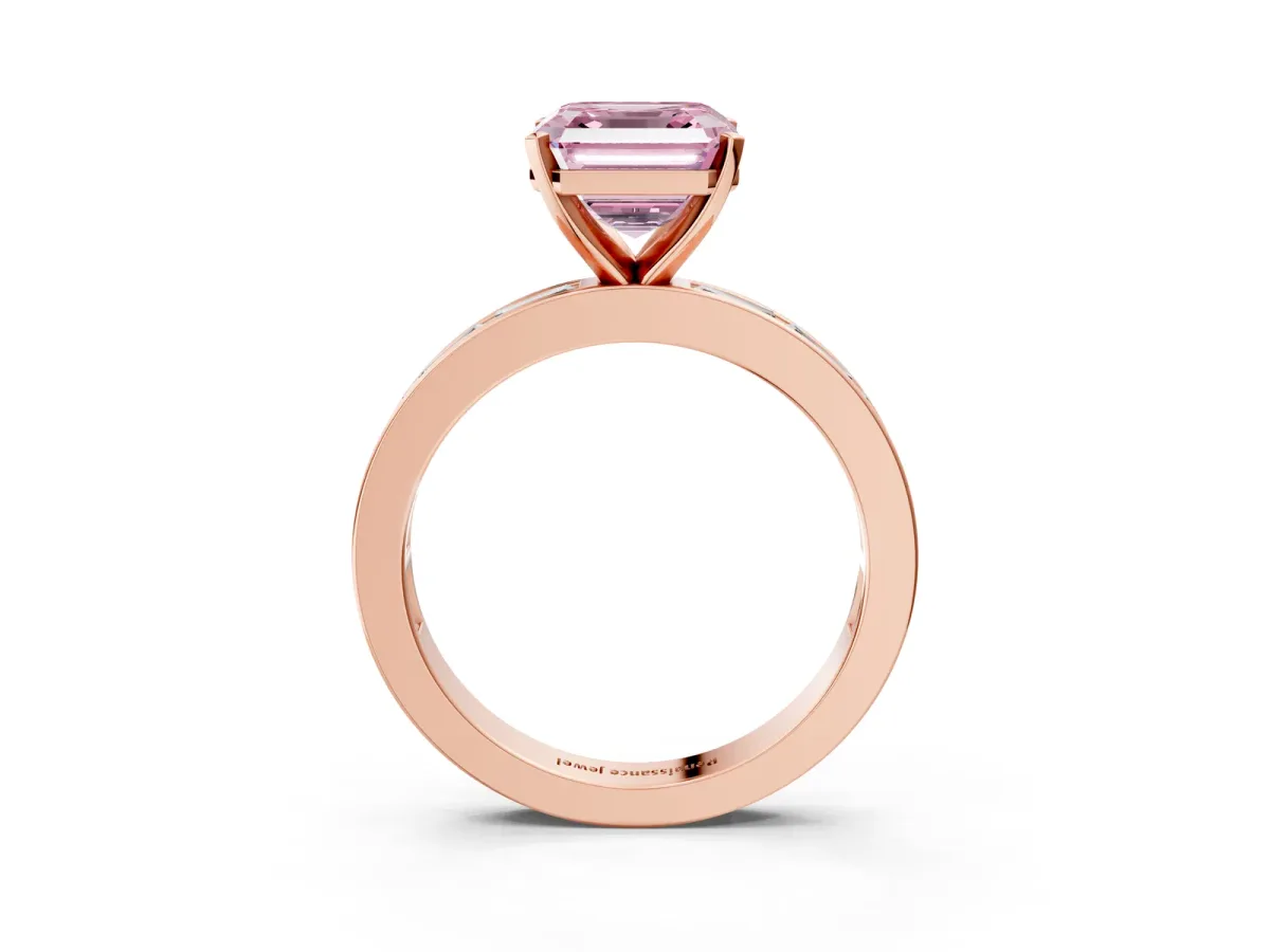 Fancy Pink Asscher Cut Solitaire Diamond Ring with Channel-Set Baguette Band and Four-Prong Setting Rose gold