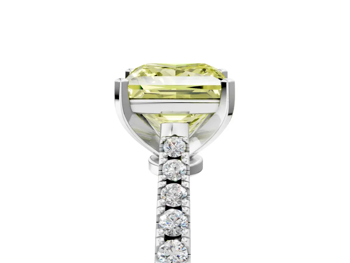 Fancy Yellow Princess Cut Cut Solitaire Diamond Engagement Ring with Pave Band and Four-Prong Setting White gold