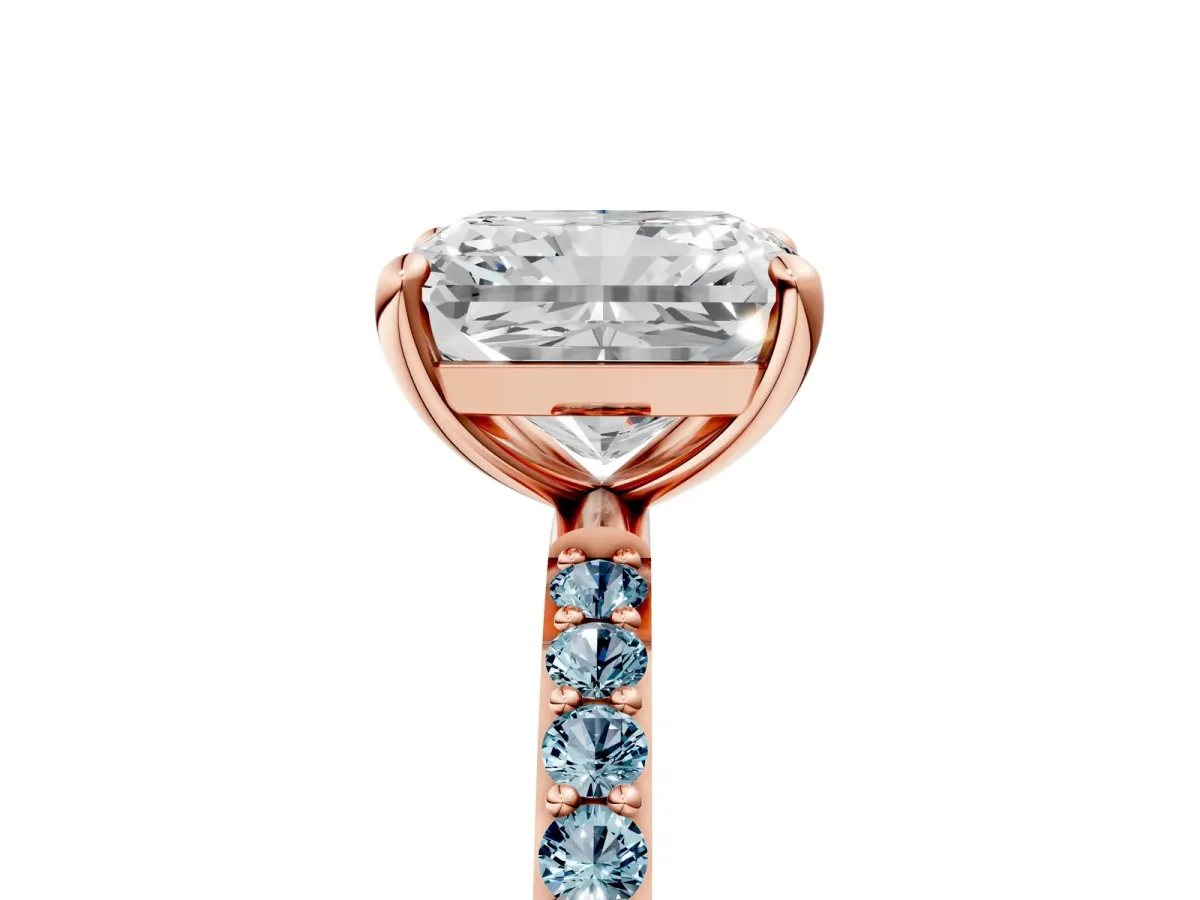 Radiant Cut Diamond Solitaire Ring with Round Aquamarine Pavé Band and Prong Setting Rose gold