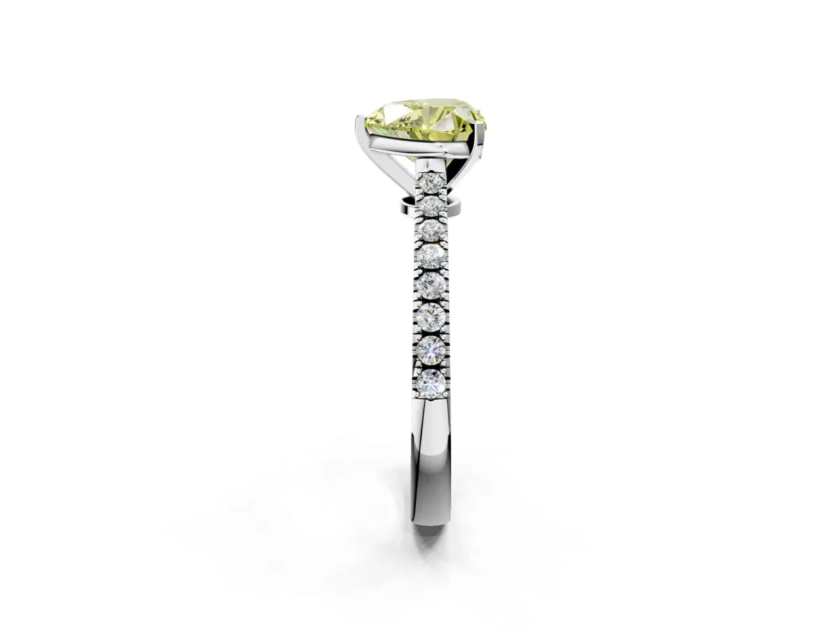 Fancy Yellow Heart Cut Cut Solitaire Diamond Engagement Ring with Pave Band and Four-Prong Setting White gold