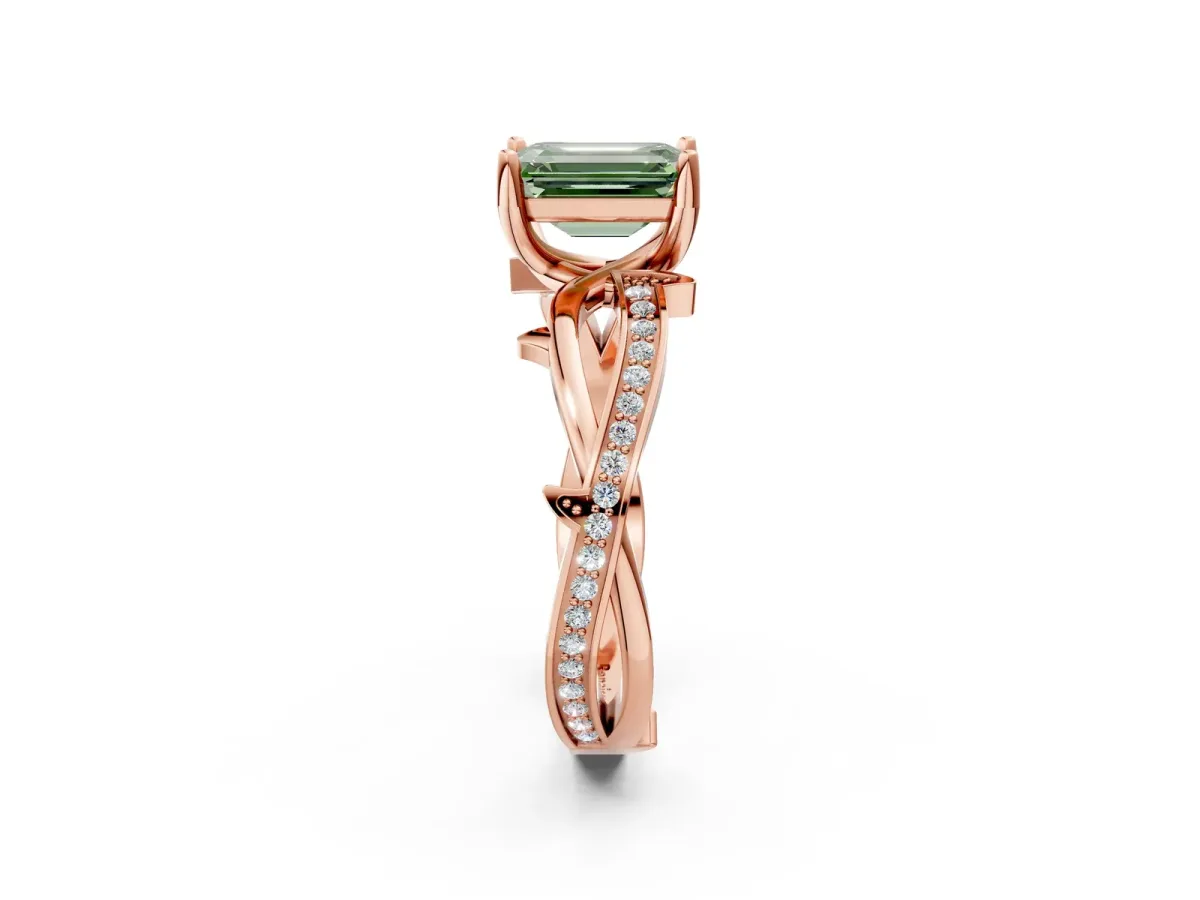Fancy Green Emerald Cut Solitaire Twist Band with Pavé Accents and Four-Prong Setting Rose gold