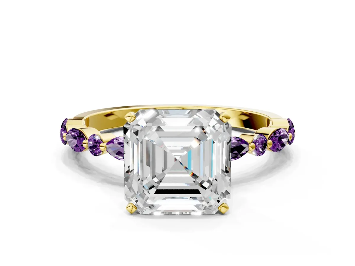 Asscher Cut Diamond Ring with Marquise and Round Amethyst Side Stones and Four-Prong Setting Yellow gold