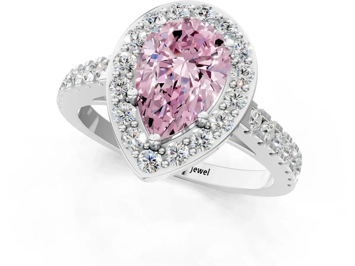 Fancy Pink Pear Cut Diamond Halo Ring with Round Pavé Split Shank and Prong Setting Platinum
