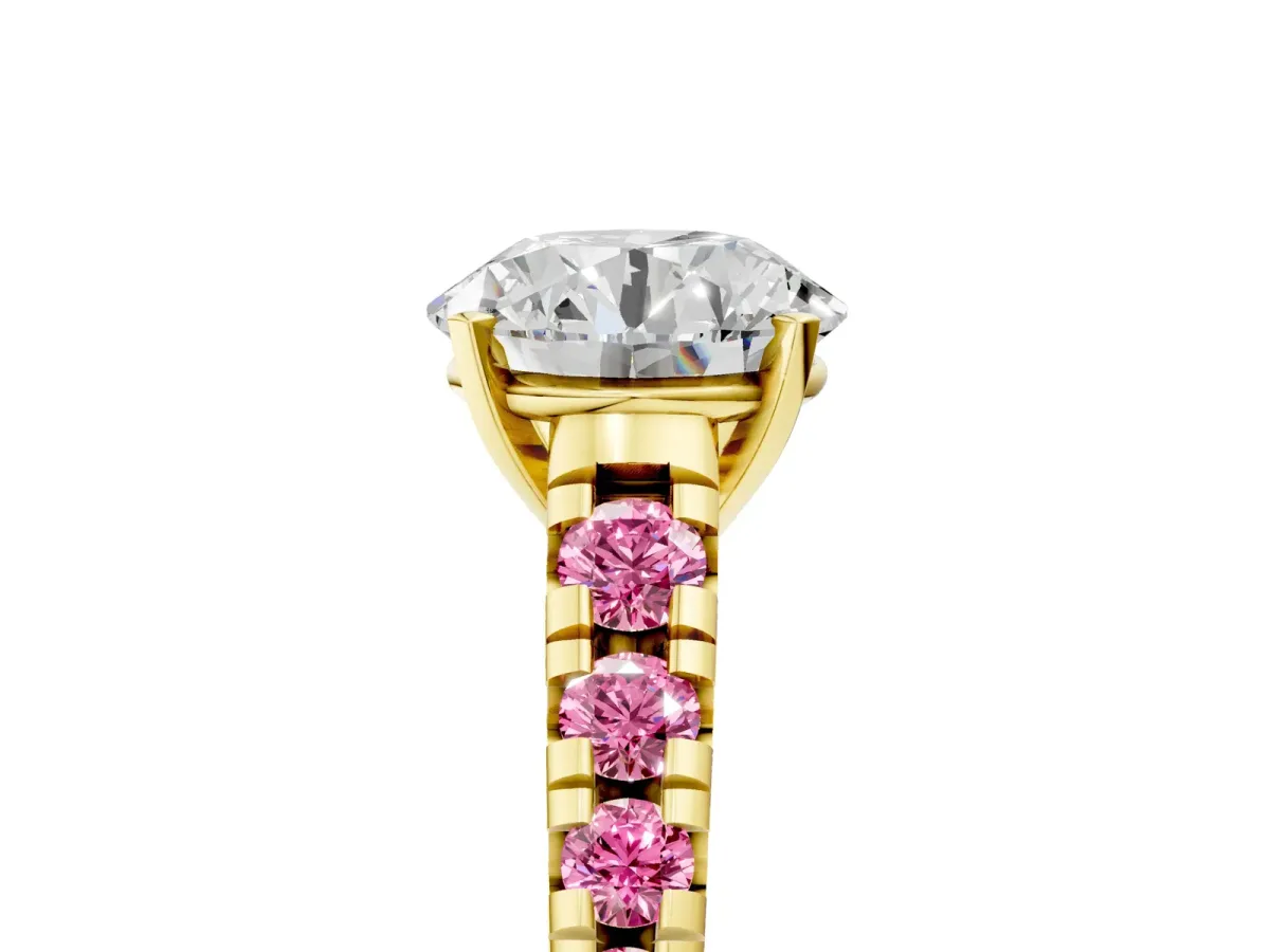 Round Cut Diamond Cathedral Solitaire Ring with Round Pink Sapphire Pavé Band Yellow gold
