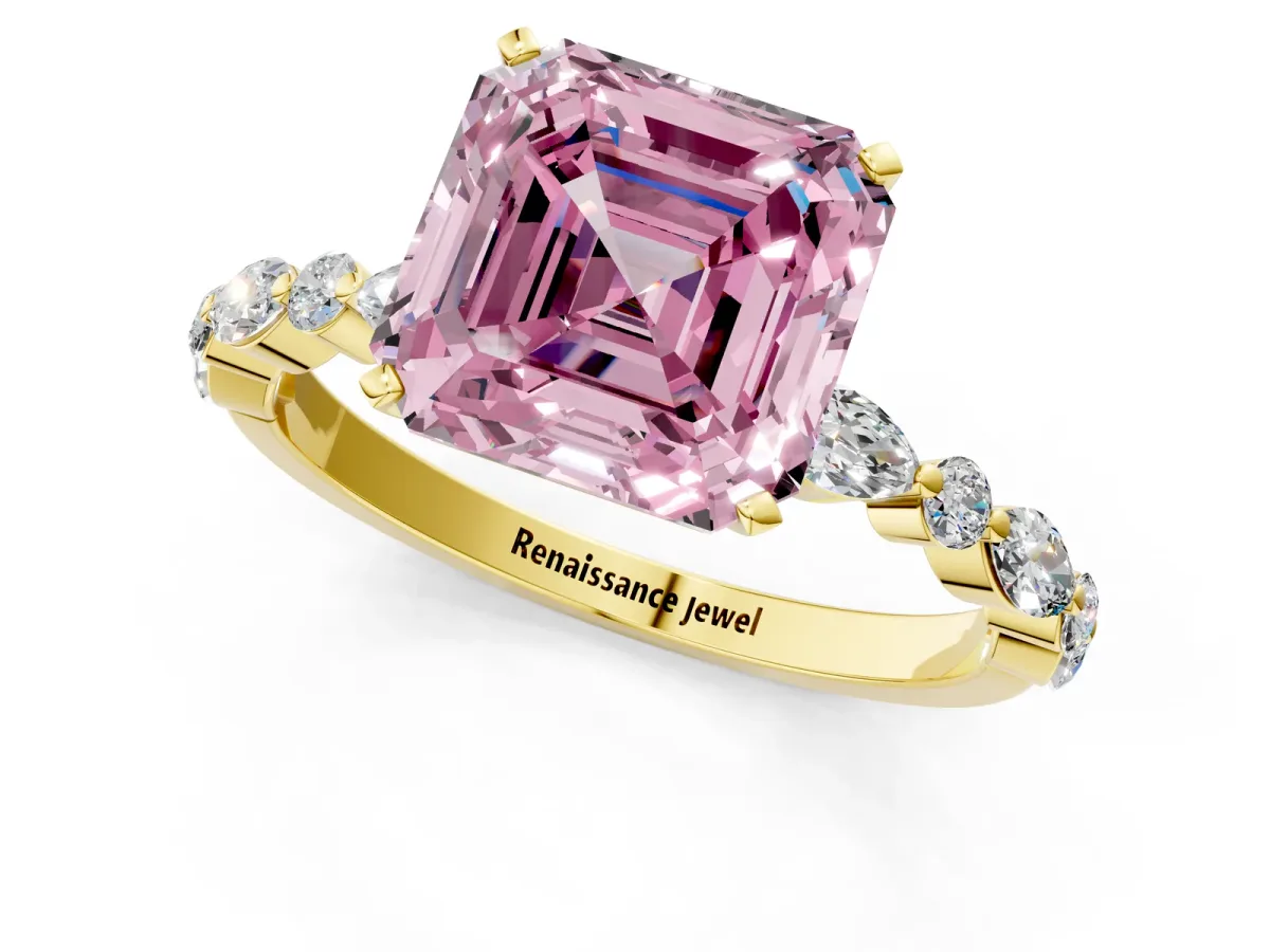 Fancy Pink Asscher Cut Diamond Ring with Marquise and Round Side Stones and Four-Prong Setting Yellow gold
