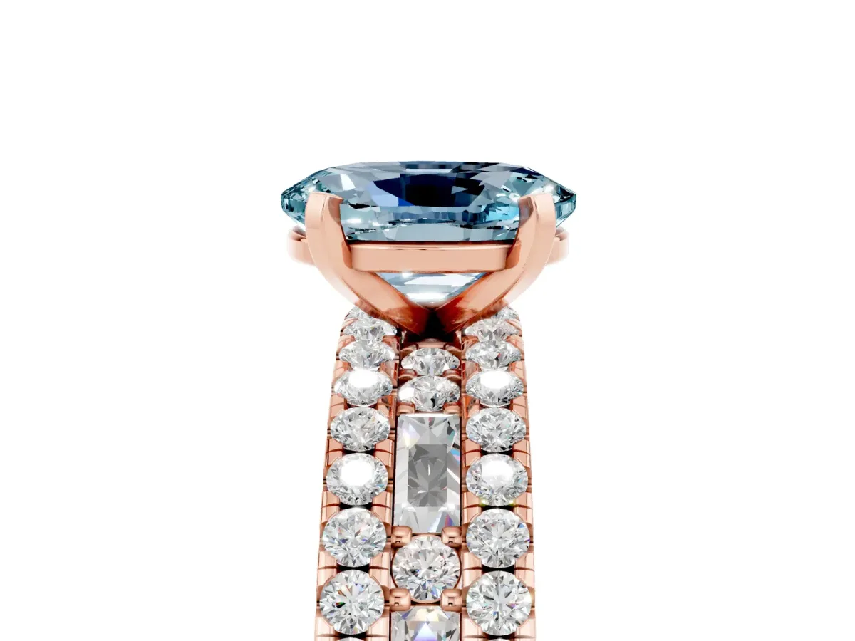 Oval Cut Aquamarine Solitaire Ring with Pavé and Channel Set Band Rose gold