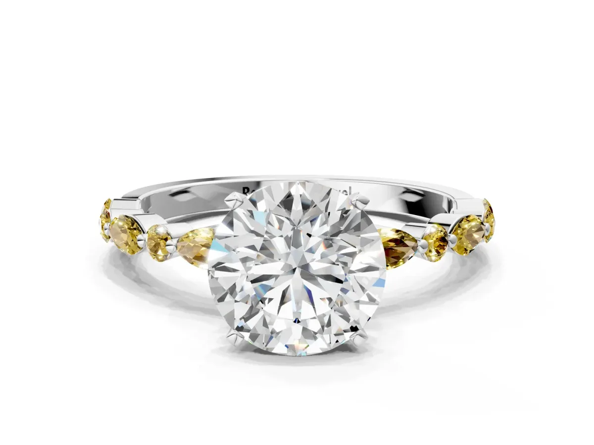 Round Cut Diamond Ring with Marquise and Round Yellow Sapphire Side Stones and Four-Prong Setting Platinum