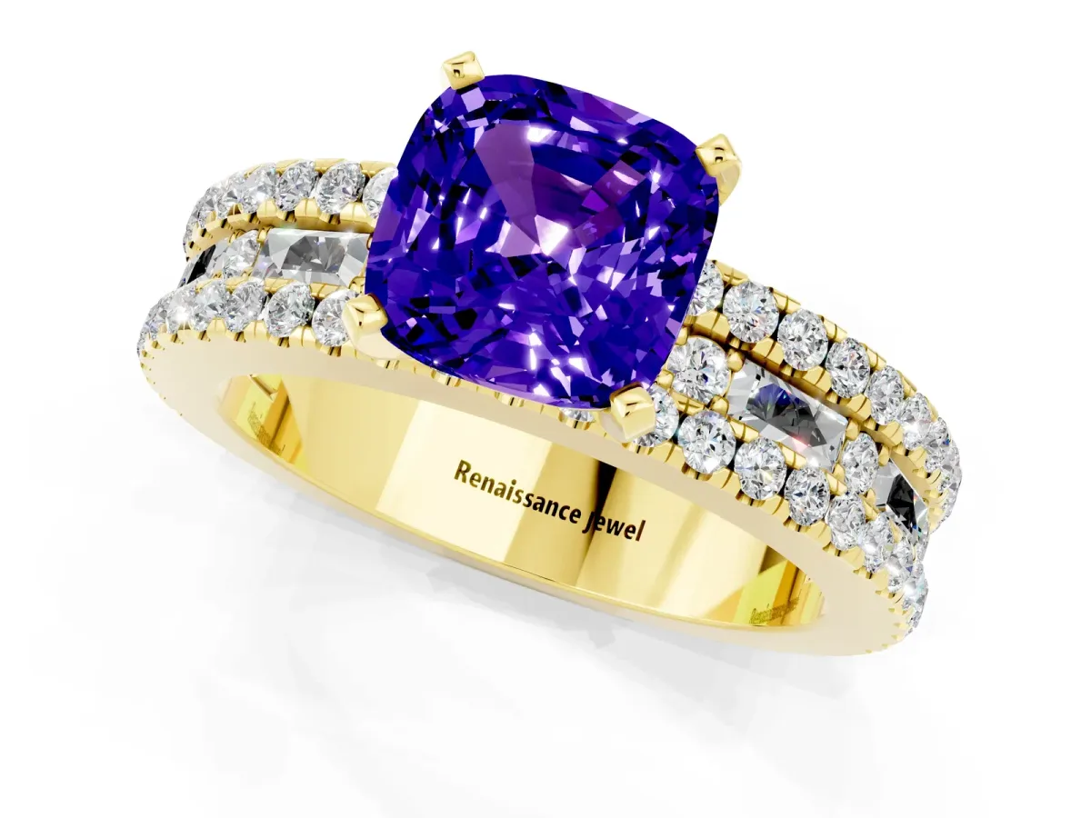 Cushion Cut Tanzanite Solitaire Ring with Pavé and Channel Set Band Yellow gold