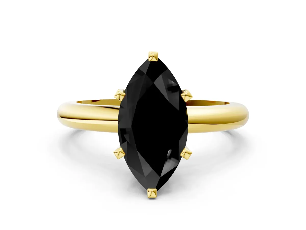 Fancy Black Marquise Cut Diamond Solitaire Engagement Ring with Round Band and Four-Prong Setting Yellow gold