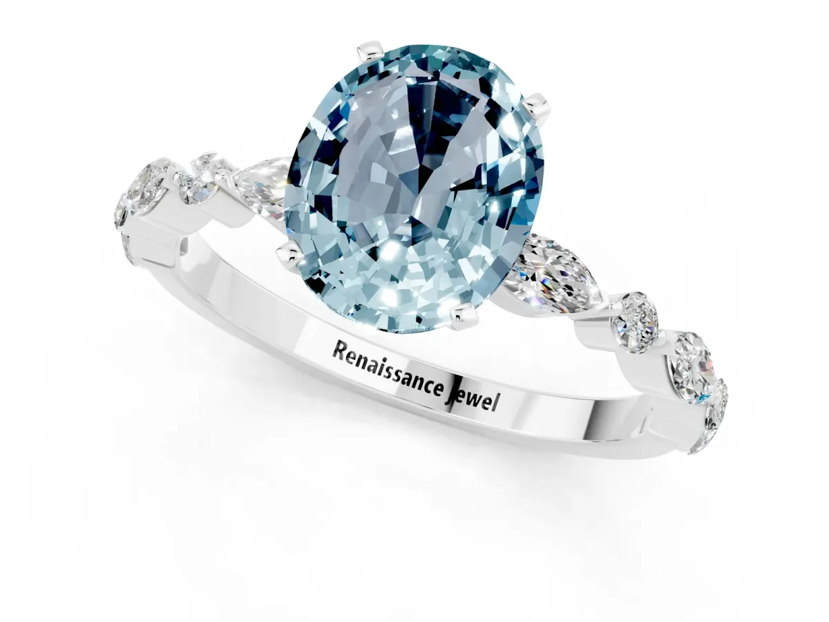 Oval Cut Aquamarine Ring with Marquise and Round Side Stones and Four-Prong Setting White gold