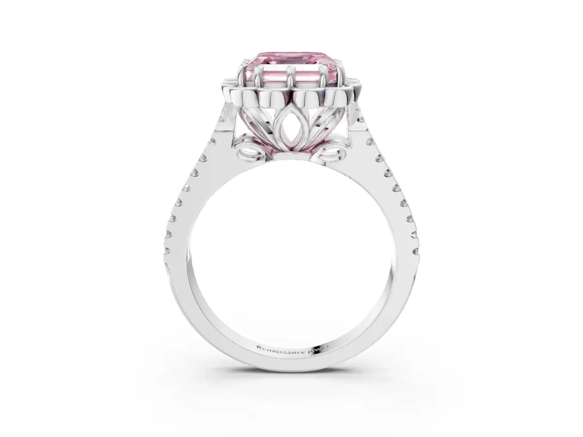 Fancy Pink Asscher Cut Halo Diamond Floral Split Shank Engagement Ring Platinum