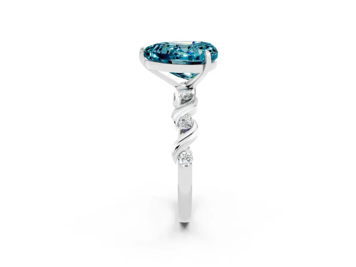 Heart Cut Blue Topaz Solitaire Twisted Band with Round Accents and Prong Setting White gold