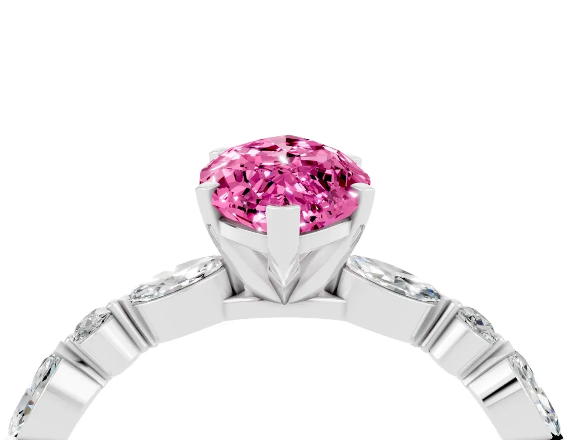 Marquise Cut Pink Sapphire Ring with Marquise and Round Side Stones and Four-Prong Setting White gold