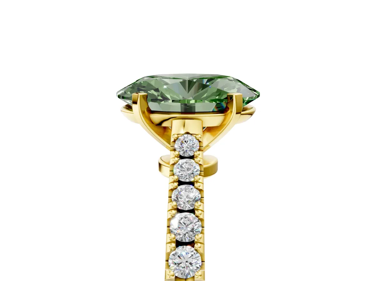 Fancy Green Oval Cut Cut Solitaire Diamond Engagement Ring with Pave Band and Four-Prong Setting Yellow gold