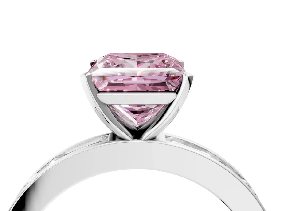 Fancy Pink Princess Cut Solitaire Diamond Ring with Channel-Set Baguette Band and Four-Prong Setting White gold