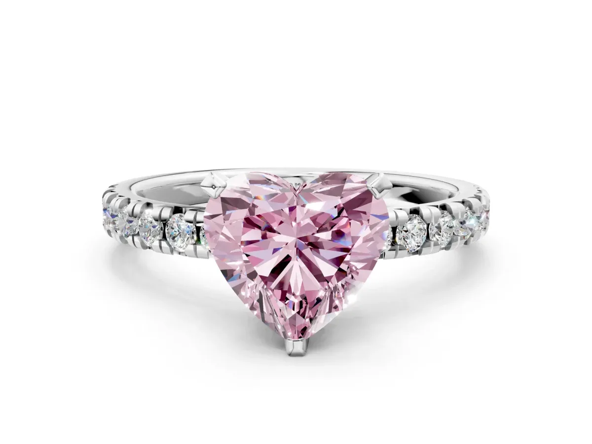 Fancy Pink Heart Cut Diamond Solitaire Pavé Engagement Ring with Round Band and Prong Setting White gold