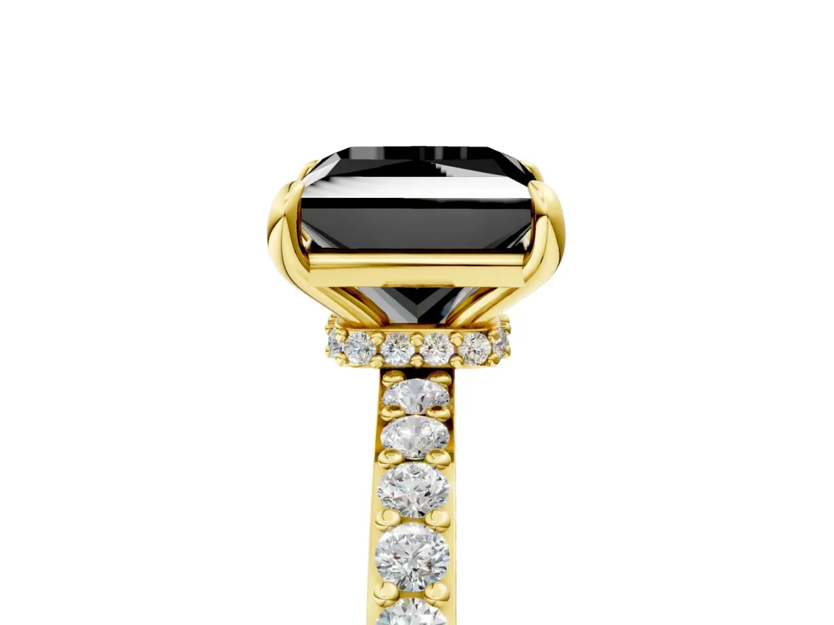 Fancy Black Princess Cut Diamond Solitaire Engagement Ring with Pavé Band and Four-Prong Setting Yellow gold