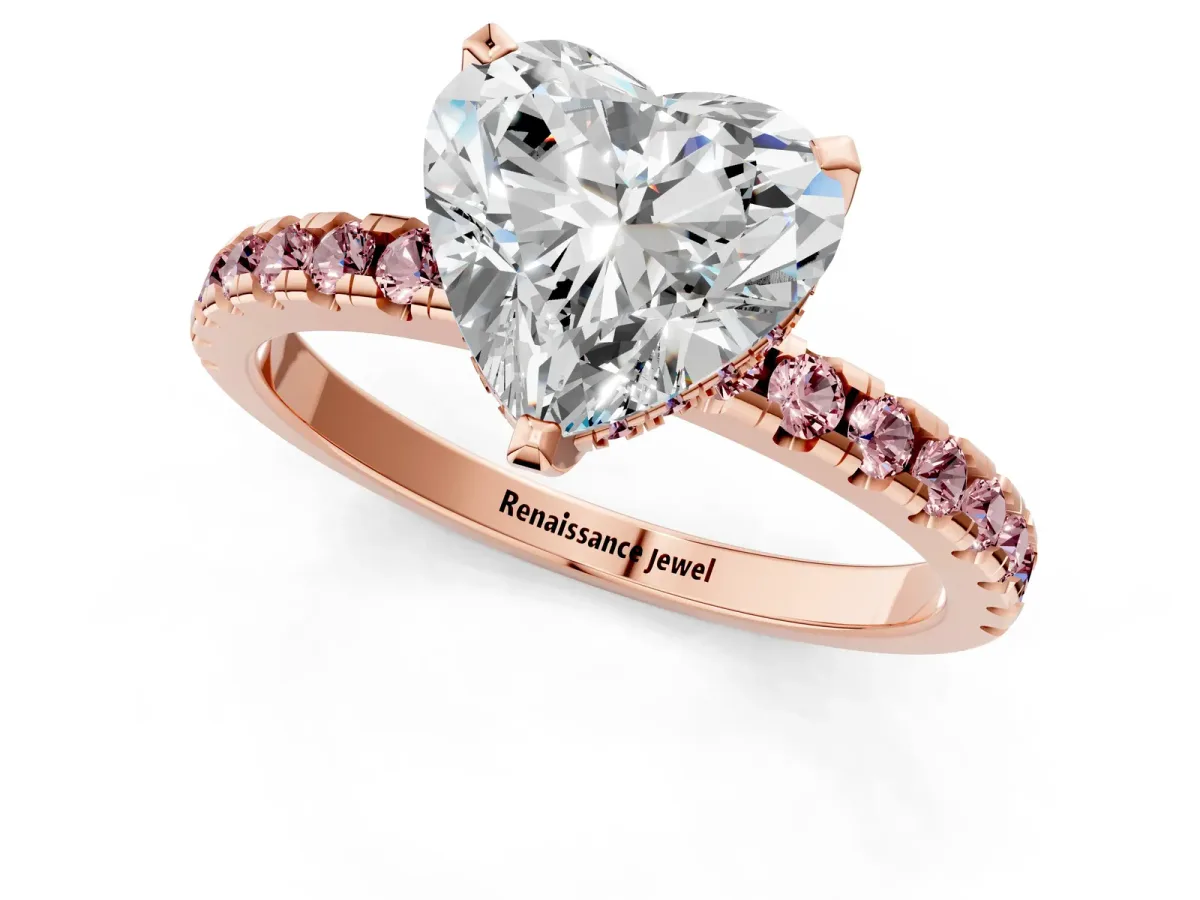 Heart Cut Diamond Solitaire Ring with Round Morganite Pavé Band and Four-Prong Setting Rose gold