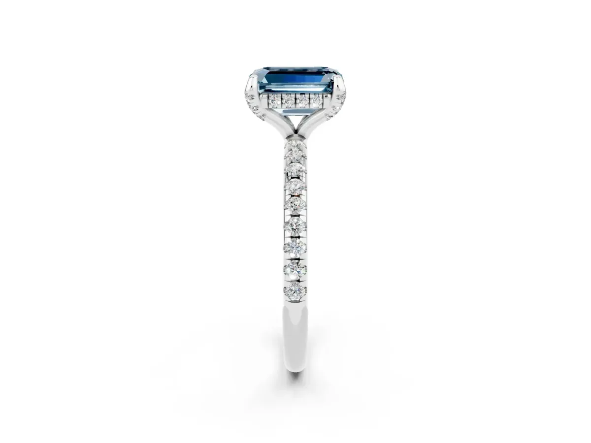 Emerald Cut Aquamarine Hidden Halo Engagement Ring with Round Pavé Band and Prong Setting Silver