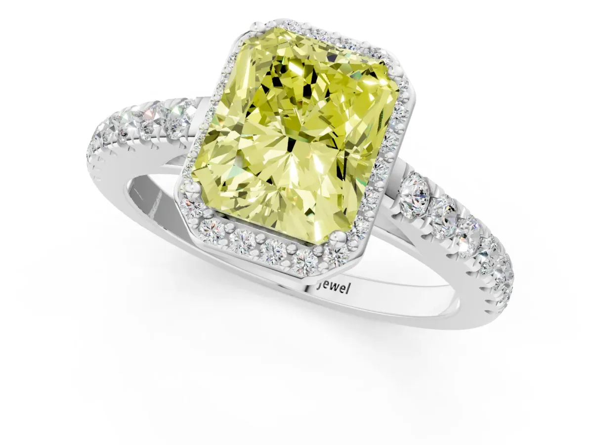 Fancy Yellow Radiant Cut Cut Halo Diamond Engagement Ring with Pave Band and Four-Prong Setting Platinum