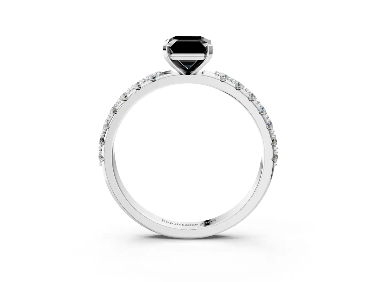 Fancy Black Emerald Cut Diamond Solitaire Pavé Band with Four-Prong Setting Silver