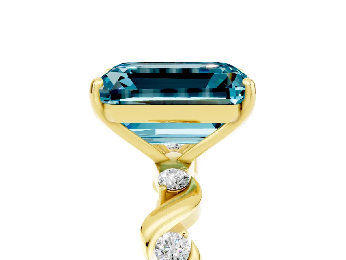 Emerald Cut Blue Topaz Solitaire Twisted Band with Round Accents and Prong Setting Yellow gold