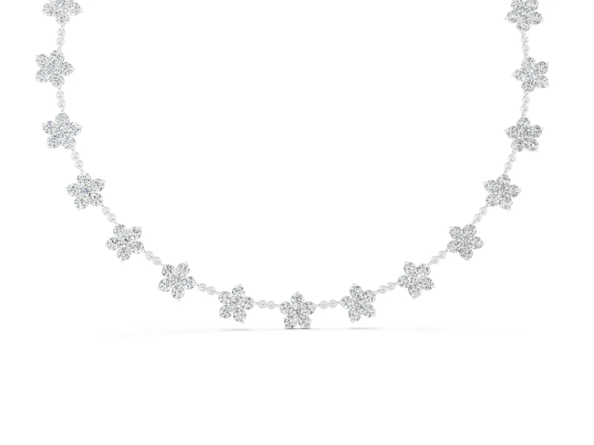 Round Diamond Floral Station Necklace with Diamond Accents White gold