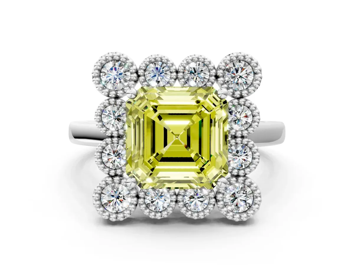 Fancy Yellow Asscher Cut Halo Diamond Cluster Engagement Ring with Milgrain Bezel Setting and Solitaire Band Platinum