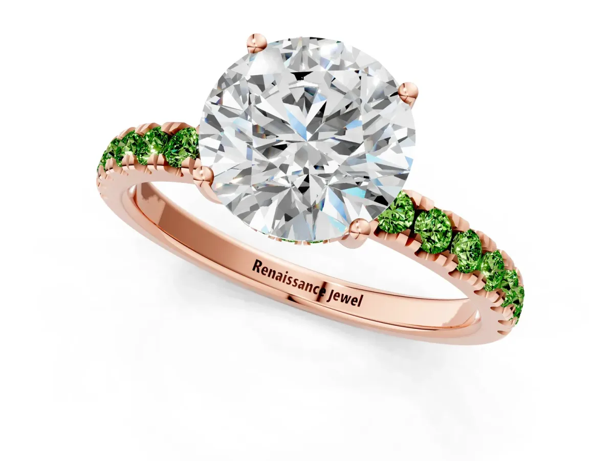 Round Cut Diamond Pave Band Solitaire Ring with Round Peridot and Prong Setting Rose gold