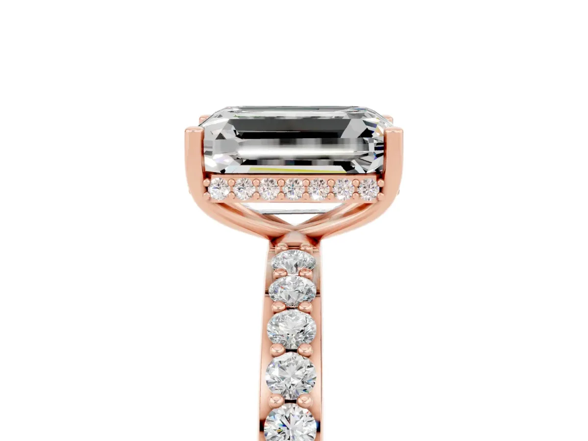 Emerald Cut Moissanite Solitaire Ring with Pavé Band and Hidden Halo Rose gold