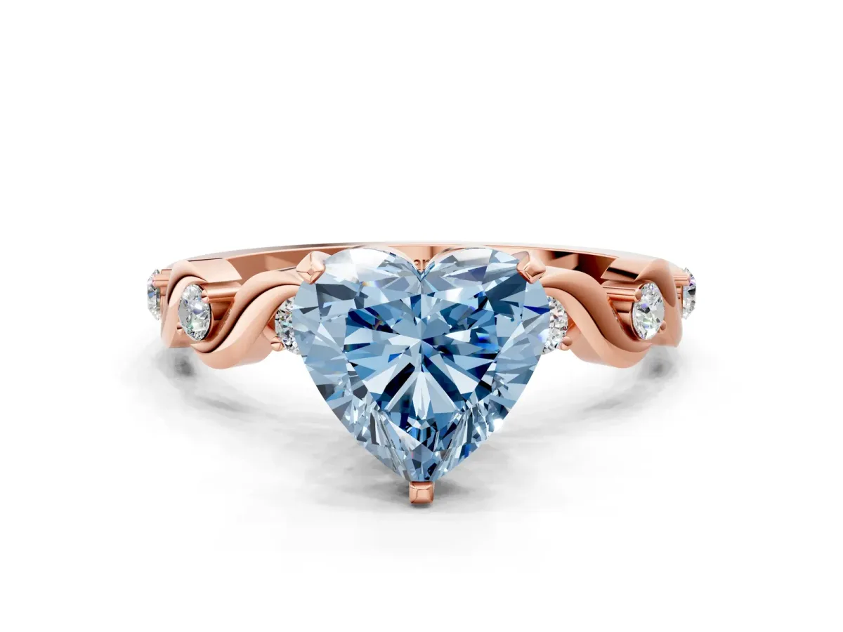 Fancy Blue Heart Cut Diamond Solitaire Twisted Band with Round Accents and Prong Setting Rose gold