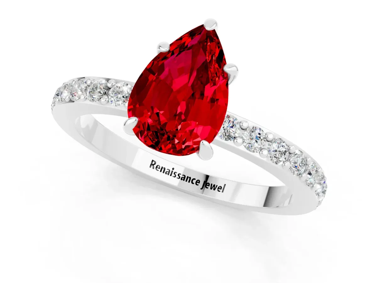 Pear Cut Ruby Solitaire Engagement Ring with Pavé Band and Four-Prong Setting Platinum