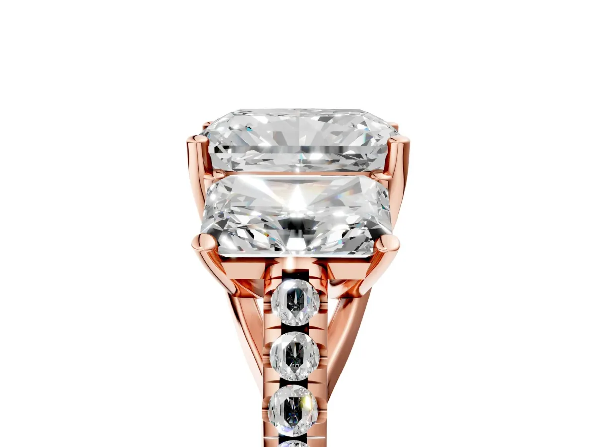 Three-Stone Radiant Cut Diamond Ring with Round Moissanite Pavé Band and Prong Setting Rose gold