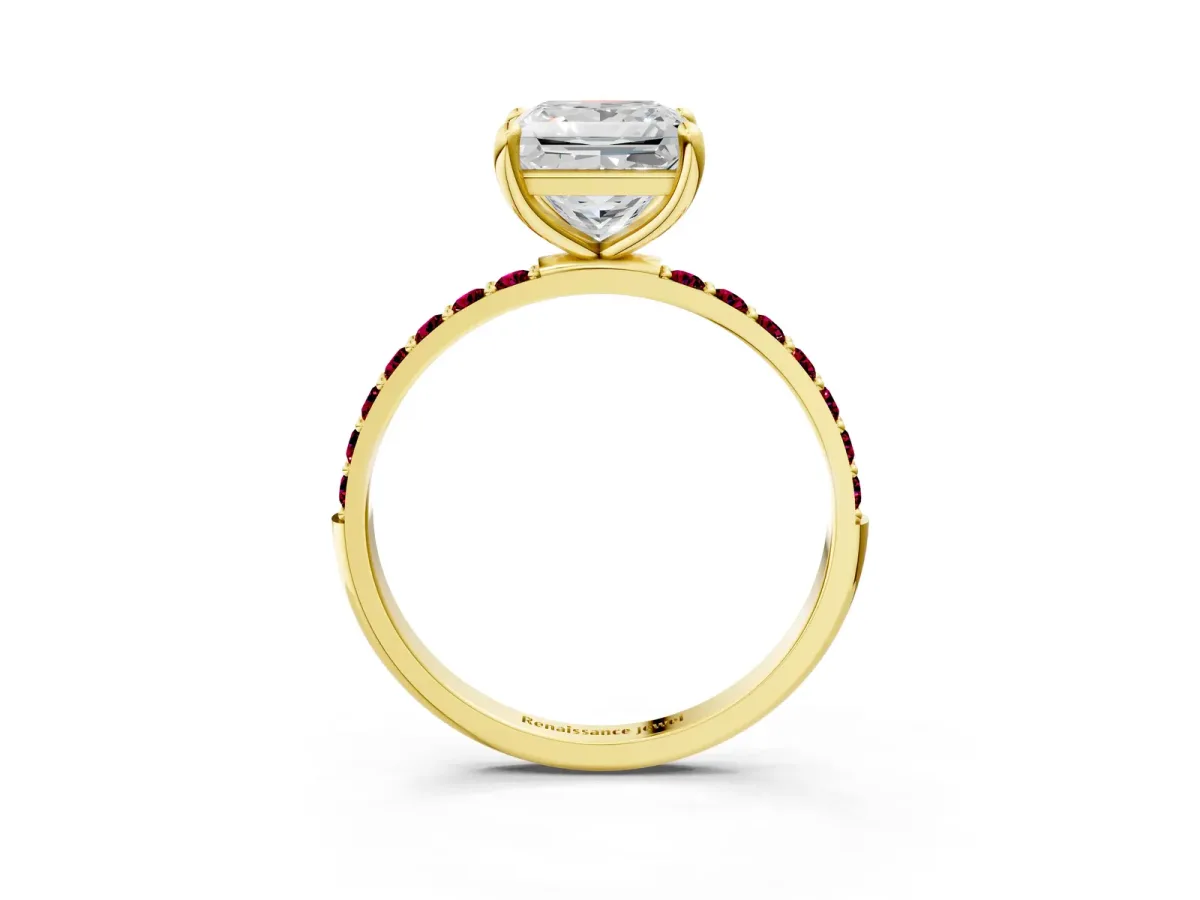 Princess Cut Diamond Solitaire Ring with Round Garnet Pavé Band and Prong Setting Yellow gold