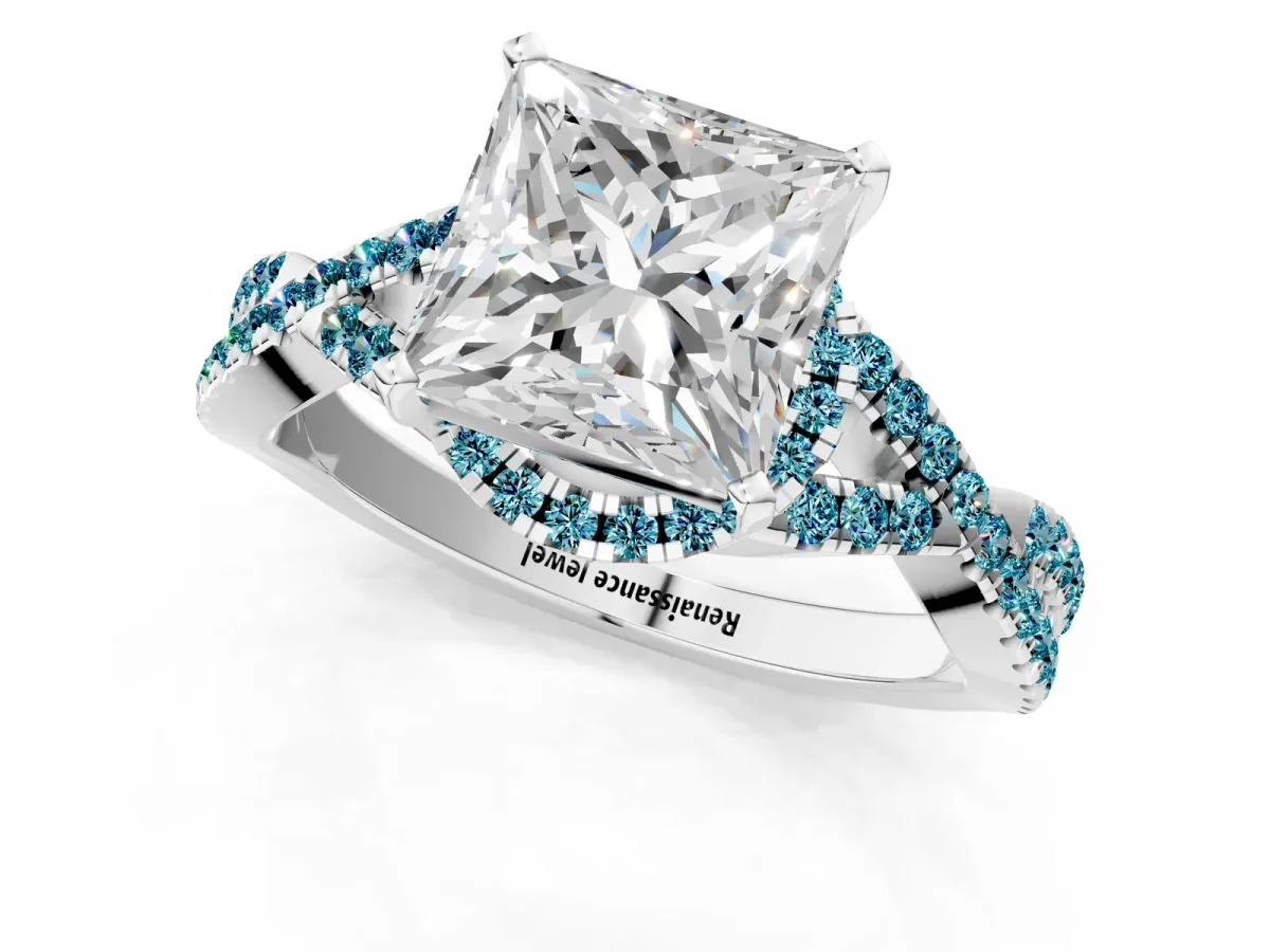 Princess Cut Diamond Blue Topaz Halo Twist Band Solitaire Prong Setting Ring White gold