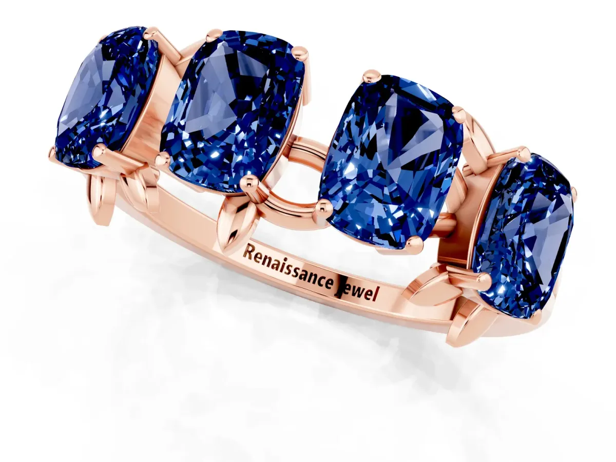 Four-Stone Elongated Cushion Blue Sapphire Band with Nature-Inspired Prong Setting Rose gold