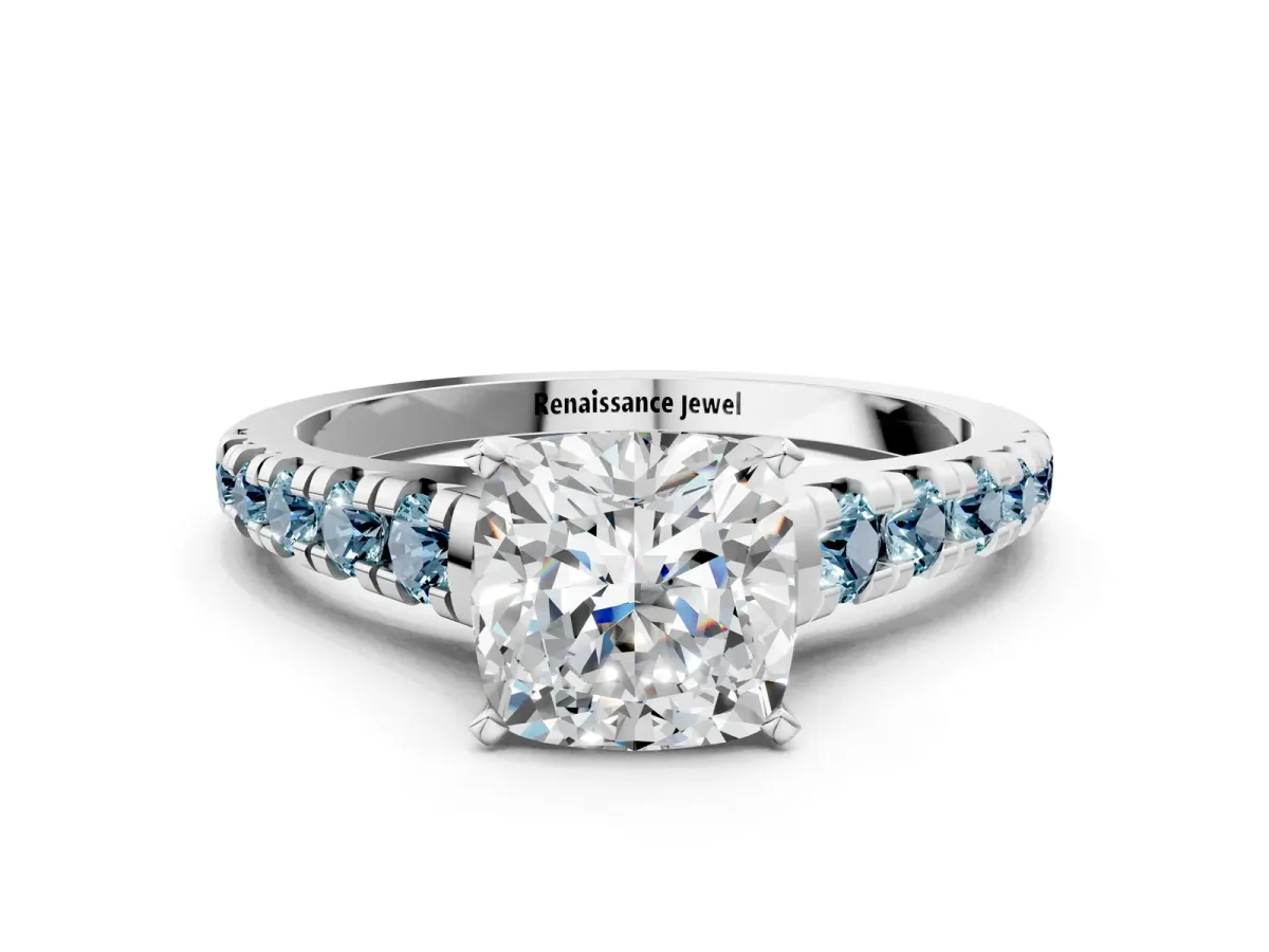 Cushion Cut Diamond Cathedral Solitaire Ring with Round Aquamarine Pavé Band White gold