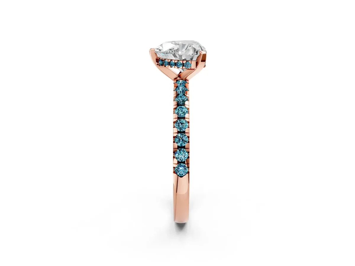 Heart Cut Diamond Solitaire Ring with Round Blue Topaz Pavé Band and Four-Prong Setting Rose gold