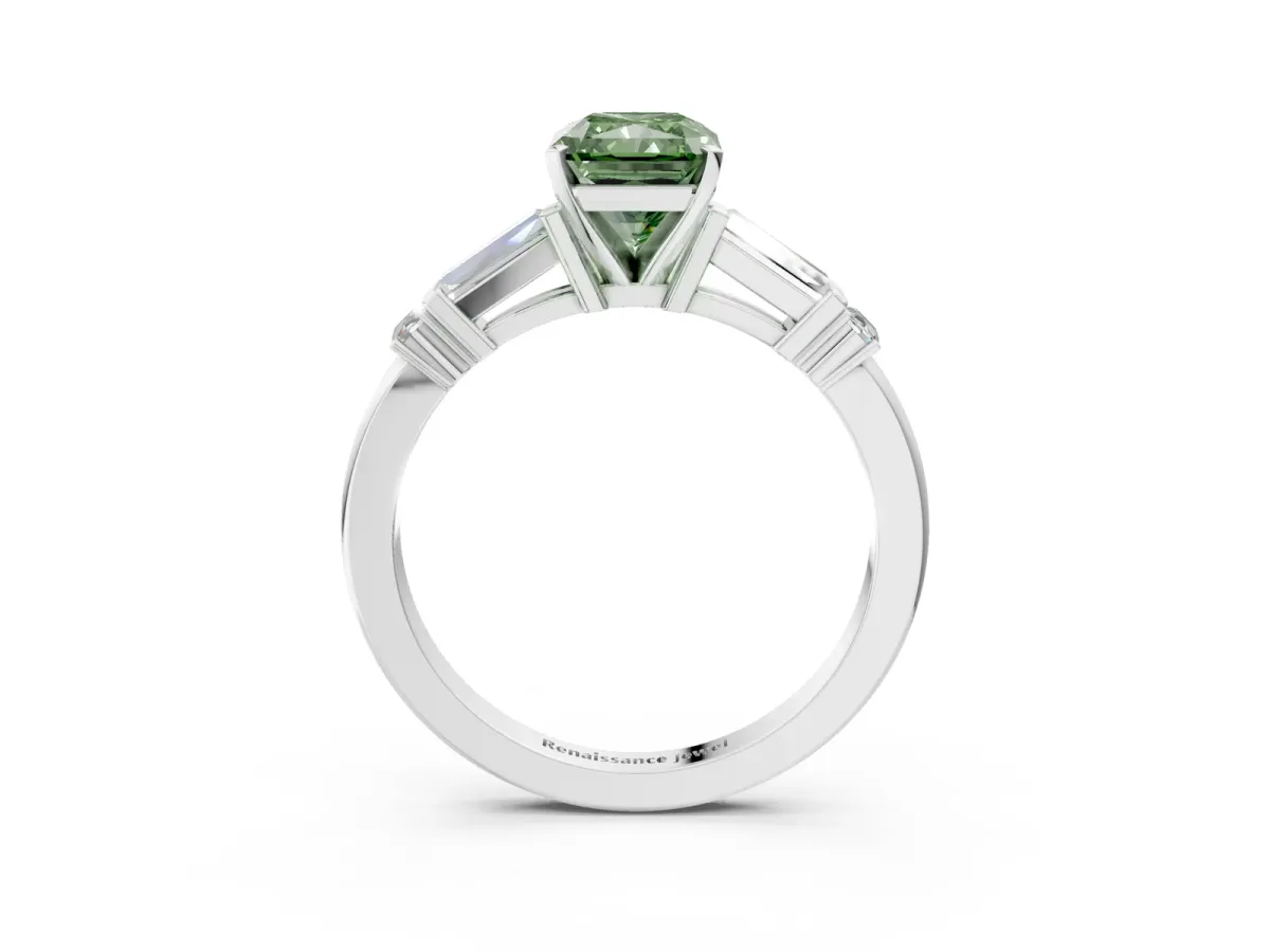 Fancy Green Radiant Cut Cut Diamond Ring with Baguette Side Stones, Channel Set Band, and Four-Prong Setting Platinum