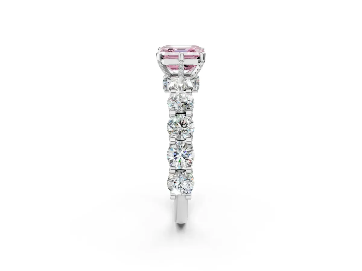 Fancy Pink Asscher Cut Diamond Side Stone Engagement Ring with Four-Prong Setting Platinum