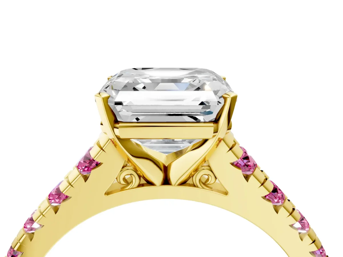 Asscher Cut Diamond Cathedral Solitaire Ring with Round Pink Sapphire Pavé Band Yellow gold