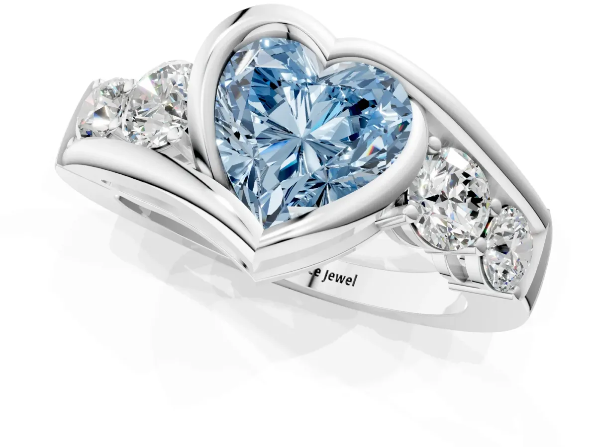 Fancy Blue Bezel Set Heart Cut Diamond Bypass Ring with Round Accents Silver