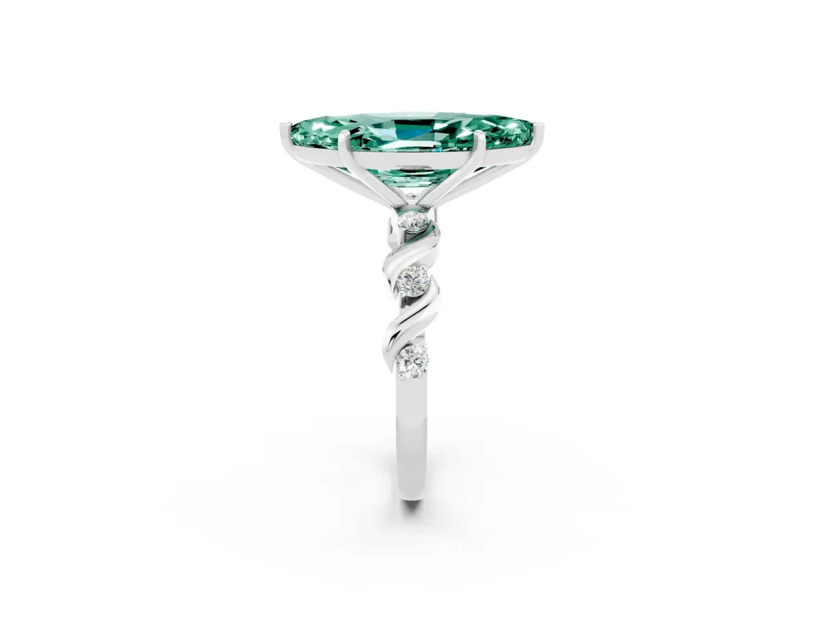 Marquise Cut Green Sapphire Solitaire Twisted Band with Round Accents and Prong Setting Platinum