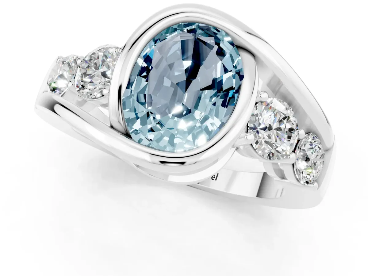 Bezel Set Oval Cut Aquamarine Bypass Ring with Round Accents Silver