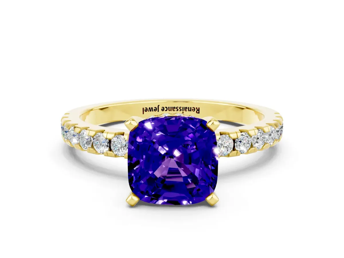 Cushion Cut Tanzanite Solitaire Ring with Round Pavé Band and Four-Prong Setting Yellow gold
